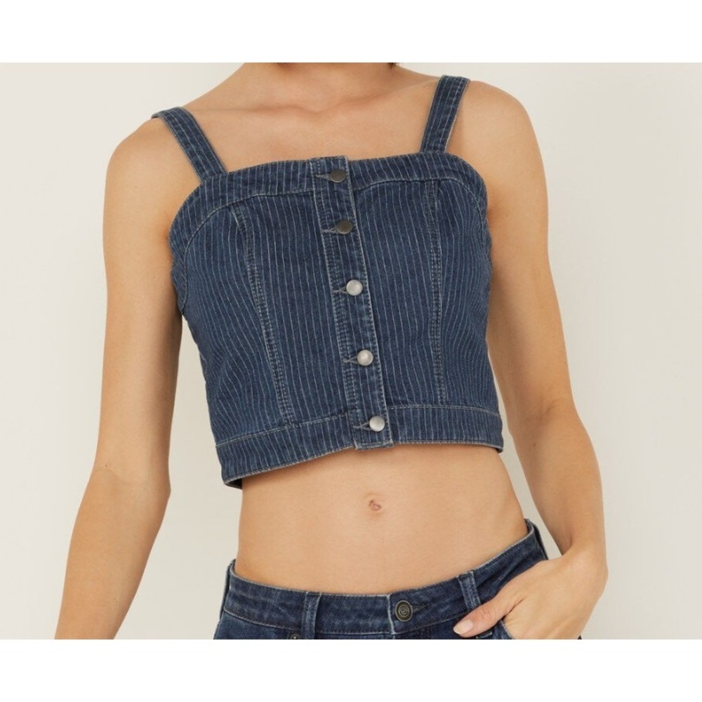 Rock & Roll Denim Women XXL Pinstripe Button Front Crop Top Dark Wash Blue NWT
